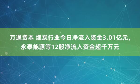 万通资本 煤炭行业今日净流入资金3.01亿元，永泰能源等12股净流入资金超千万元